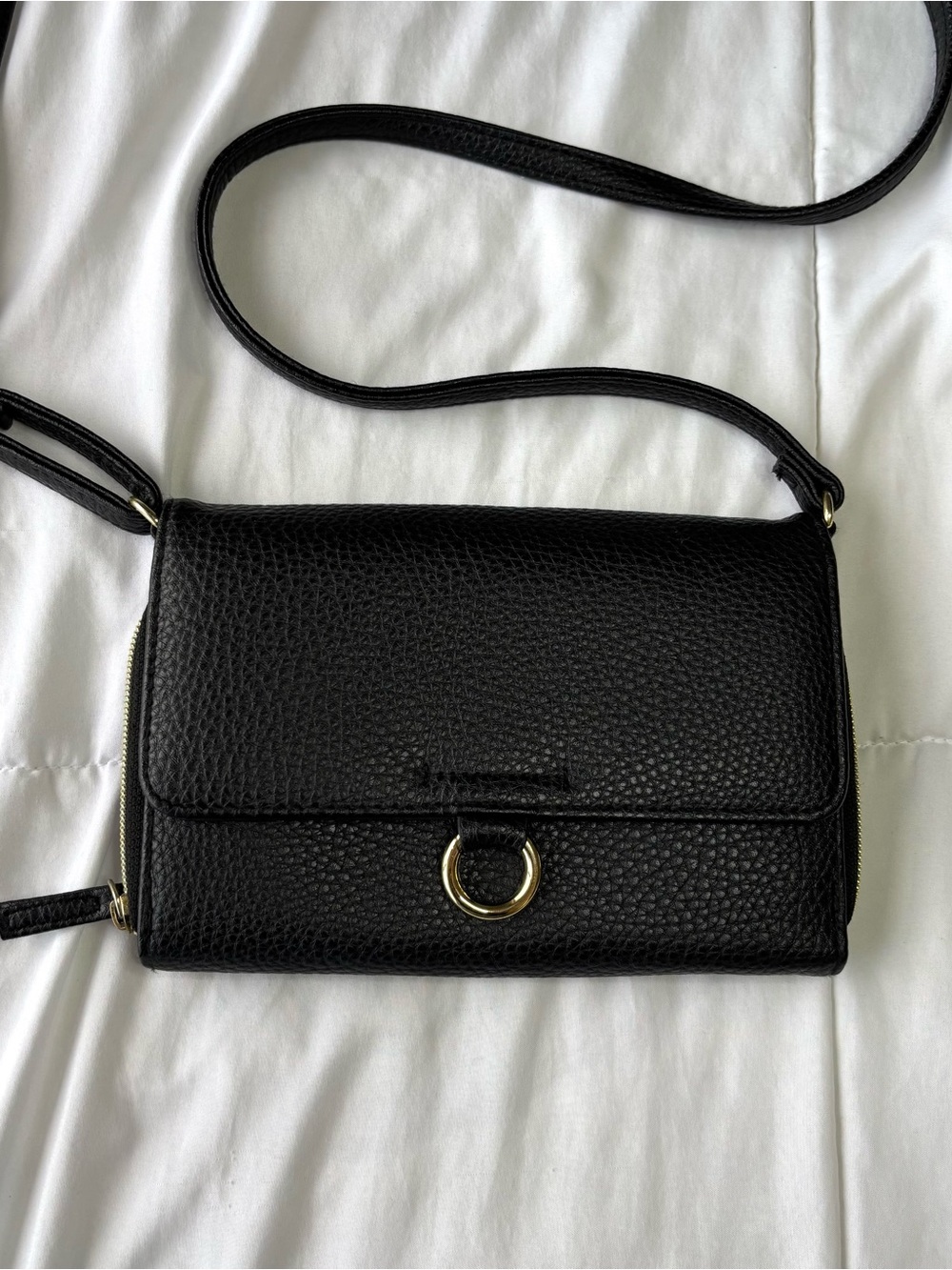 Black Crossbody Bag with Gold Ring Accent